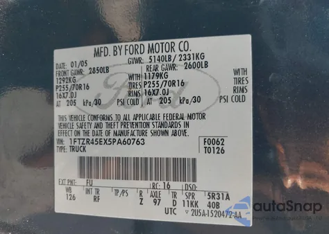 2005 Ford Ranger Edge/Fx4 Level Ii/Fx4 Off-Road/Xlt из США, поврежденный, VIN 1FTZR45EX5PA60763